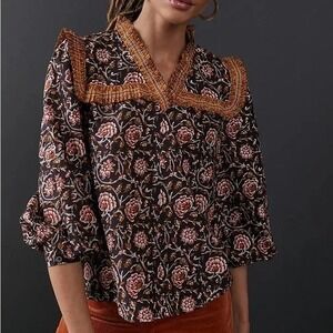 Anthropologie Othilia Sera ruffled Blouse floral cotton M‎ boho peasant